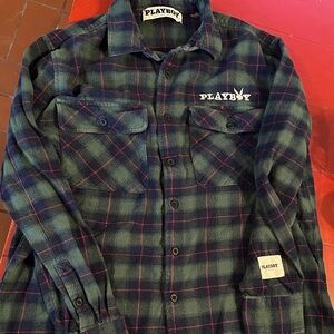 PLAYBOY Men's Dark Green and Black Plaid Shirt medium flannel